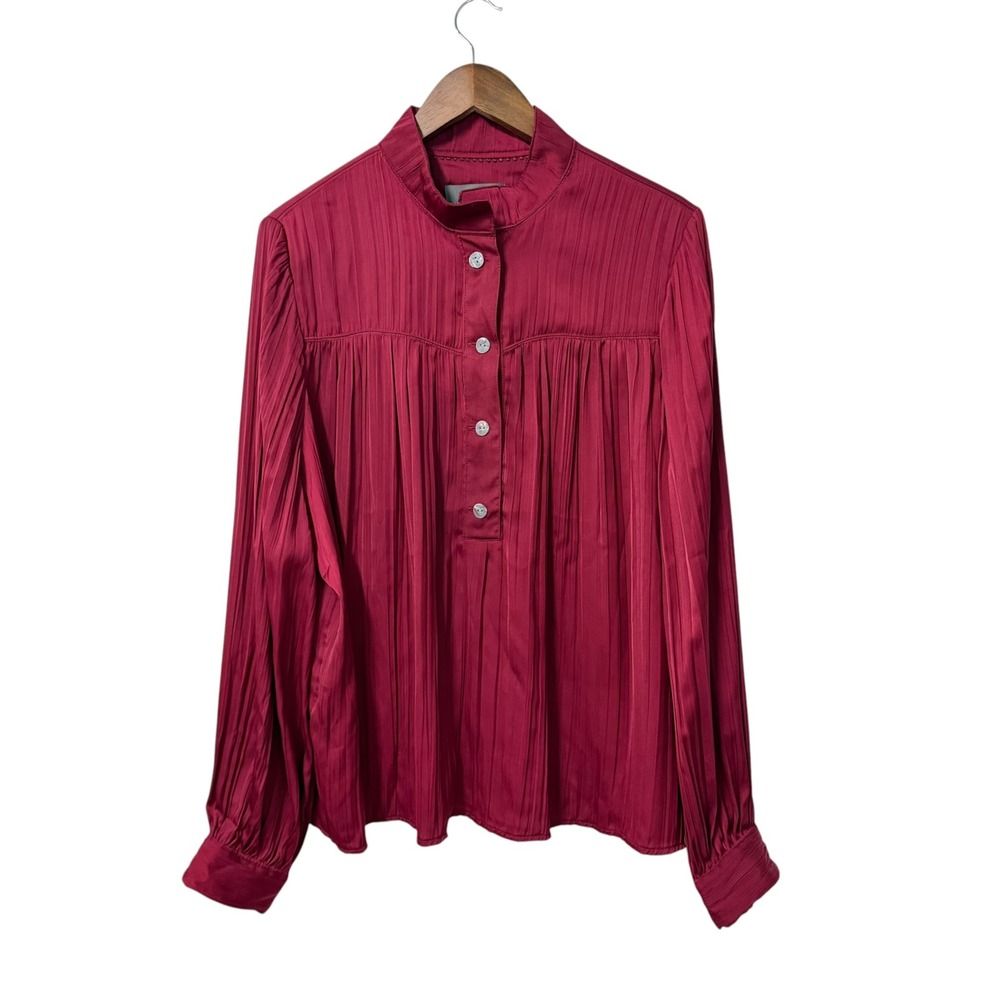 Anthropologie Tunic Top Womens XL Berry Red Pleated Mock Neck Long Sleeve Button